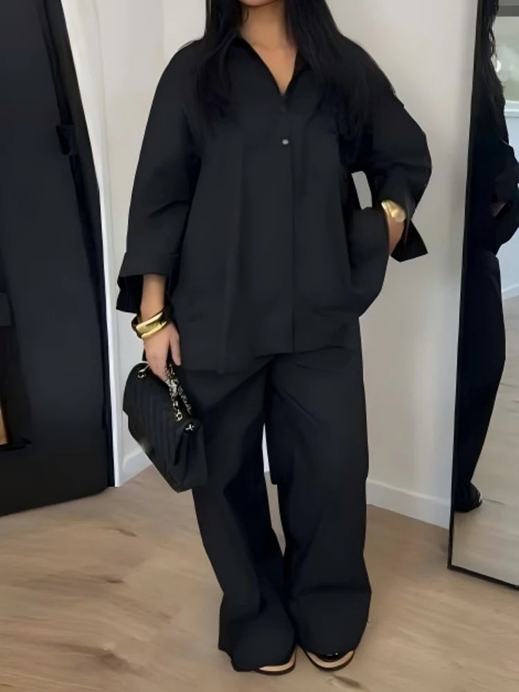 Casual Long Sleeve Shirt and Pants Two Piece Set for Women