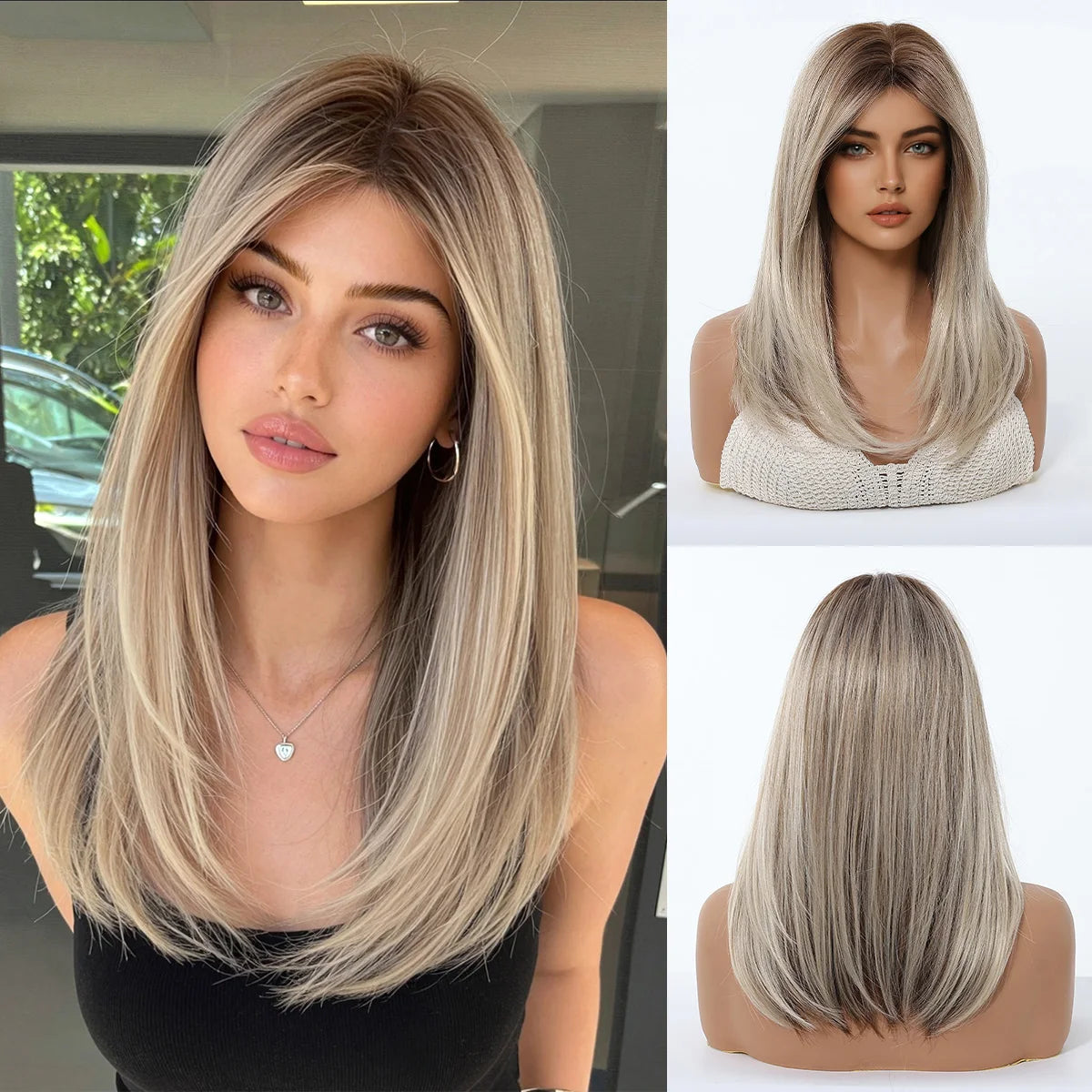 Long Straight White Synthetic Wig With Center Part for Women