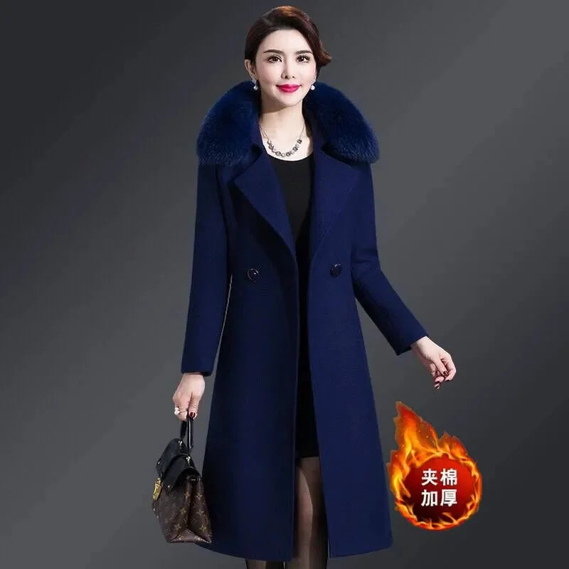 High Quality Big Fur Collar Woolen Coat Women Belt Knee-Length Double Breasted Mid-Long Woolen Jacket For Autumn Winter Outcoat