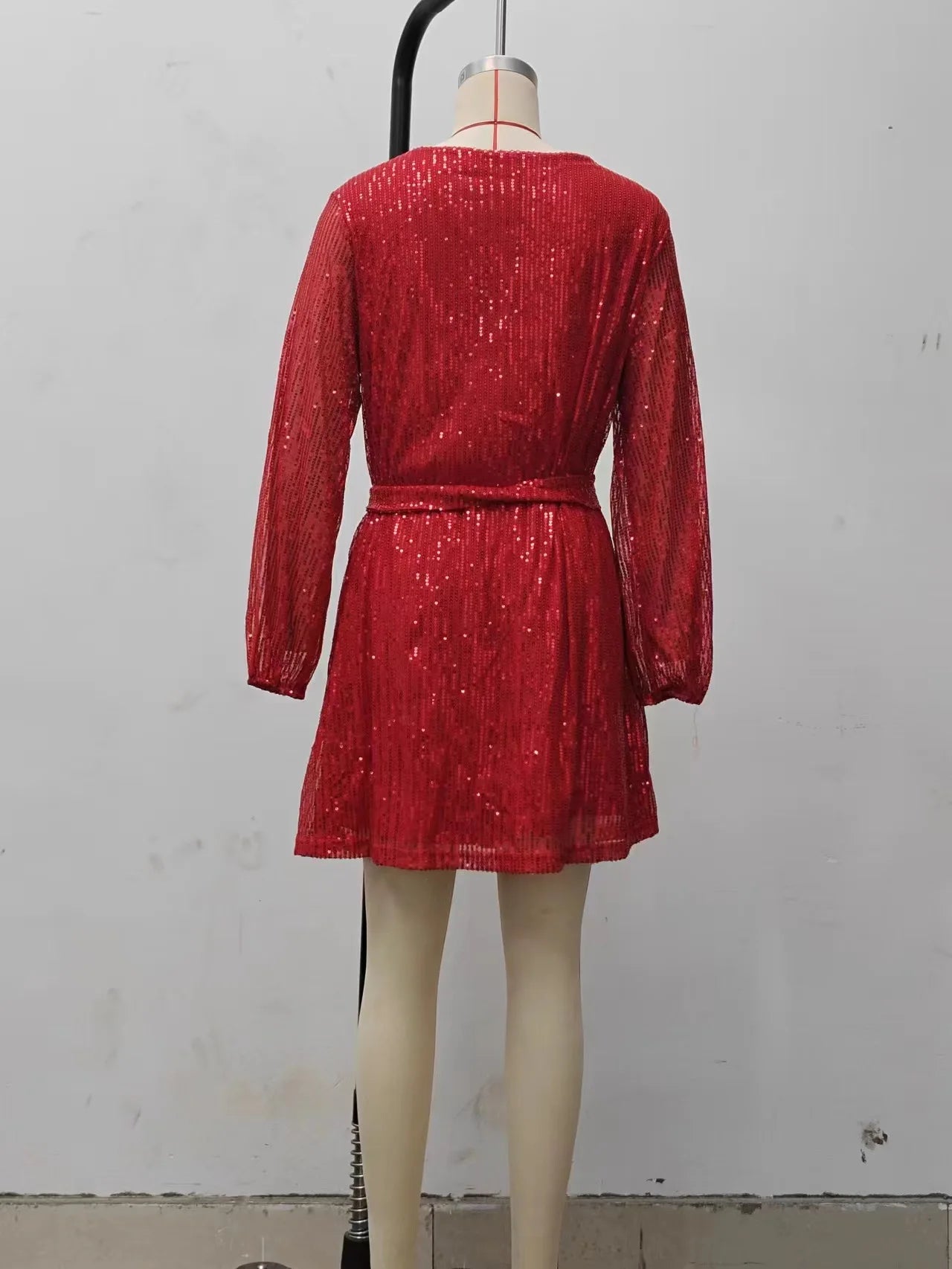 Sparkly Puff Long Sleeve Party Dress with Belt for Women Glitter Beaded Mini Dress Loose Wedding Bridesmaid Ladies Short Dresses