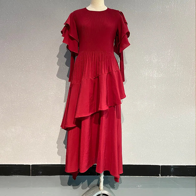 Pleated Tiered Long Sleeve Maxi Dress