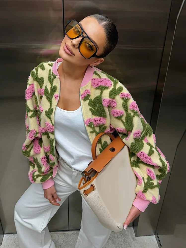 Casual Floral Print Bomber Jacket With Collar For Women