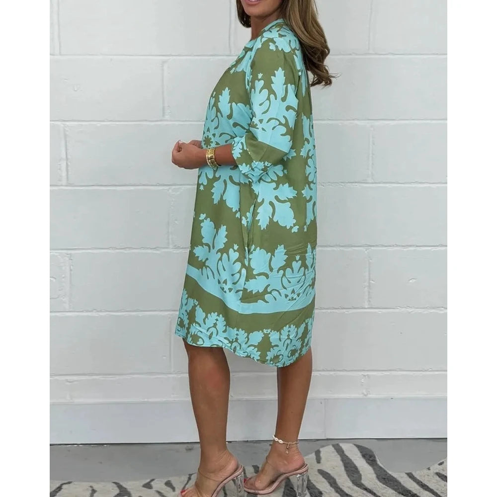 Summer Floral Dress for Women V Neck Three Quarter Sleeve A-Line Loose Midi Dress for Party Evening Gown Vestidos Elegantes