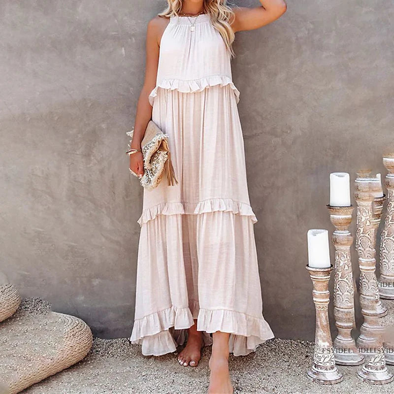 Solid Ruffled Sleeveless Maxi Sundress for Women
