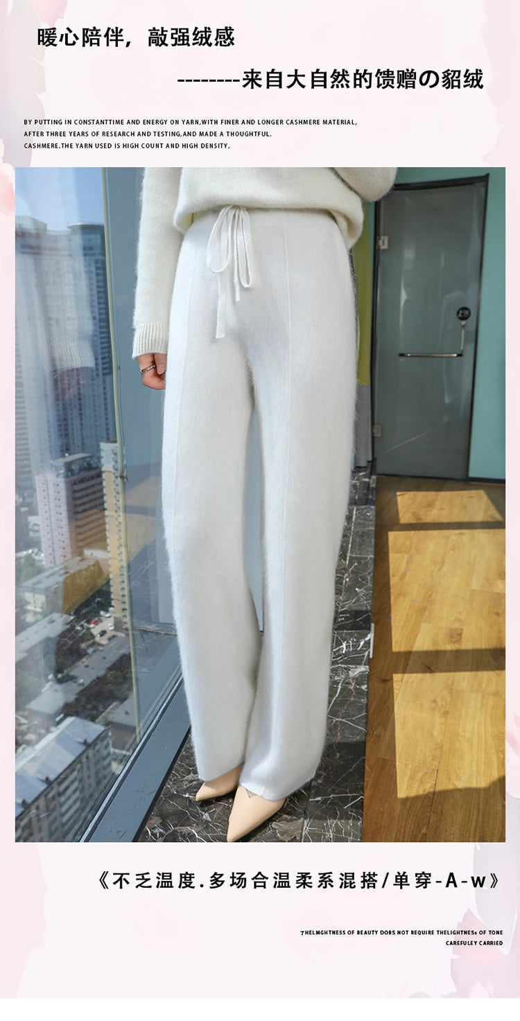 Elastic Waist Wide-Leg Knitted Cashmere Trousers for Women