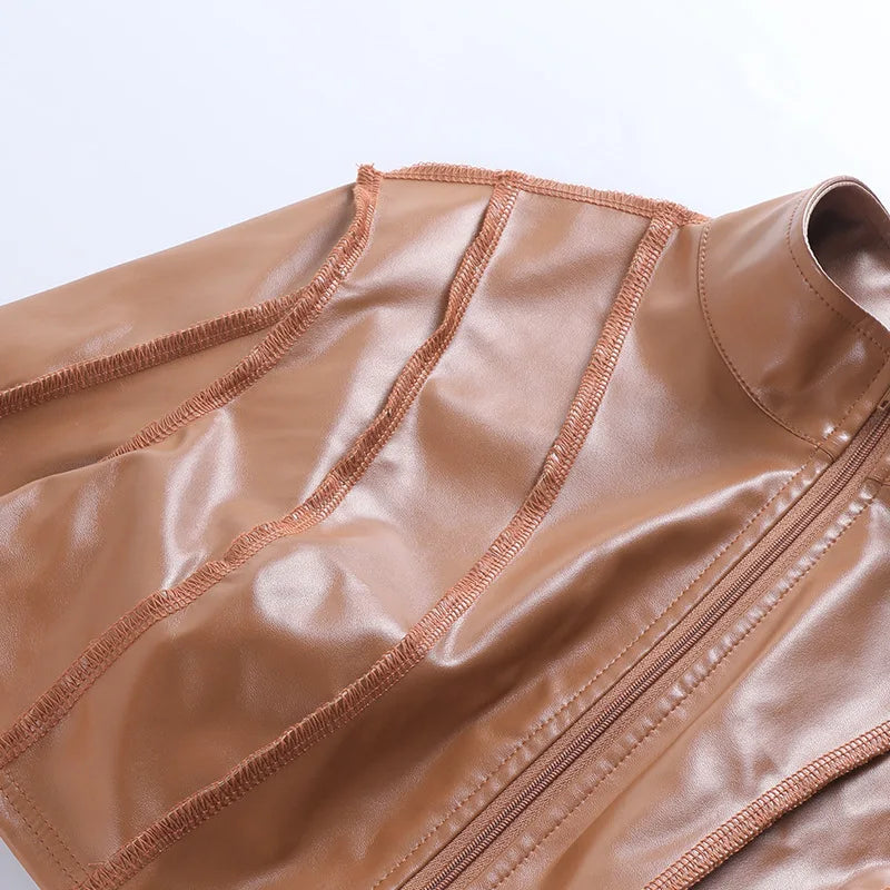 Sexy PU Leather Crop Tops Women Fashion Zipper Slim Fit Stand Collar Long Sleeve Jackets High Street Solid Punk Female Coats