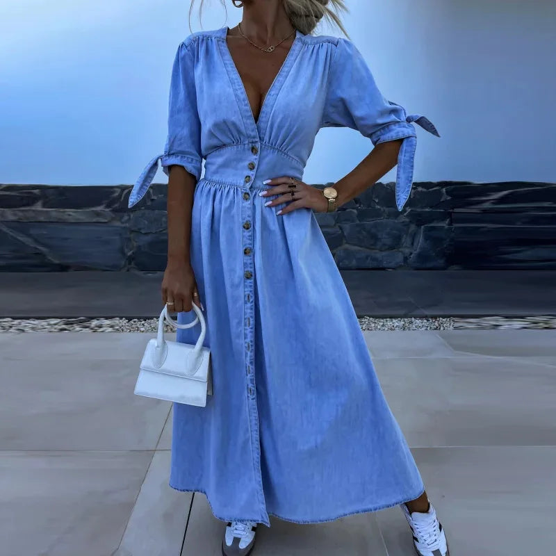 Spring Summer V Neck Fashion Maxi Dress, Women Half Sleeve Elegant Simple Party Dress, Single-Breasted Chic Ladies Dress Vestido