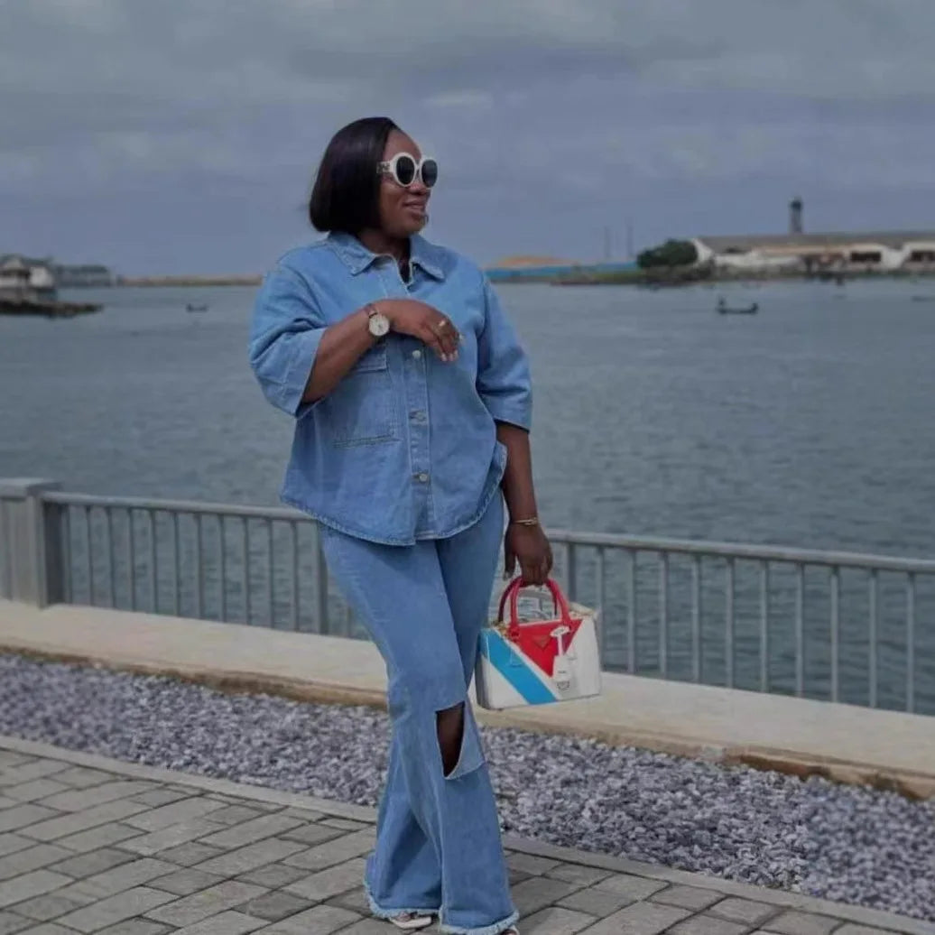 Denim Pant Set Women Two Piece Sets Turn Down Collar Matching Sets Single Breasted Shirt Tops Wide Leg Long Pants High Waist