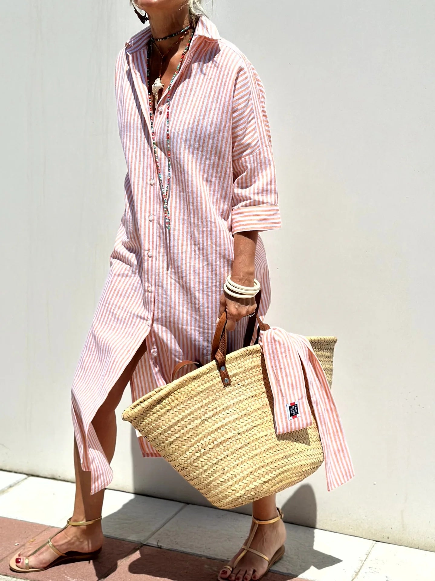 Striped Belted Ankle Length Half Sleeves Lapel Dress for Women