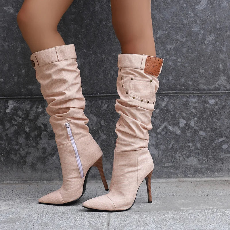 Fashion Knee High Pointed Pleated Denim Boots With Stiletto Heels For Women