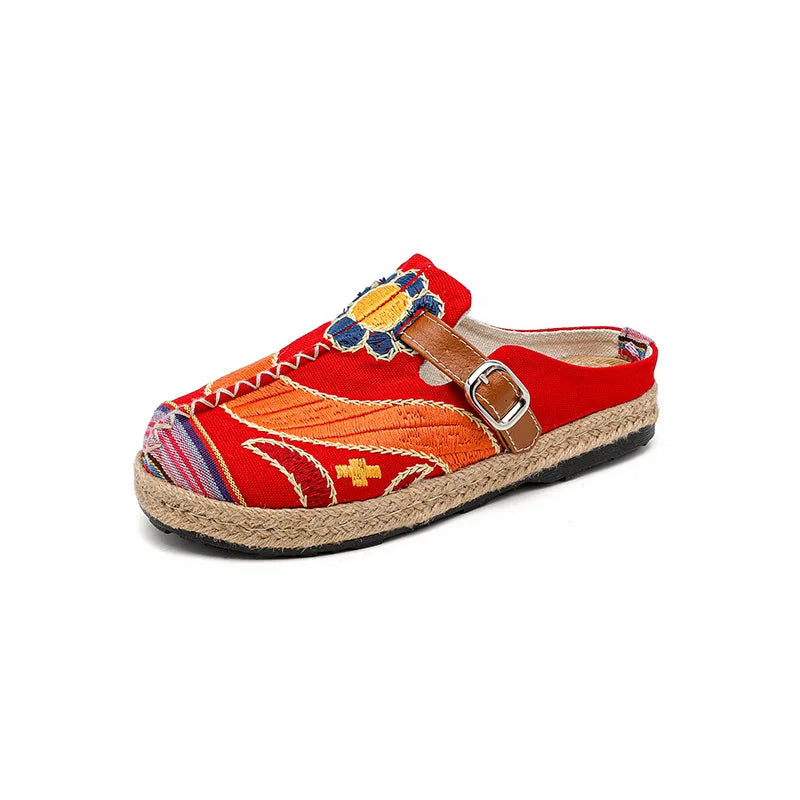 Lightweight Embroidered Cotton Linen Flat Slippers for Women