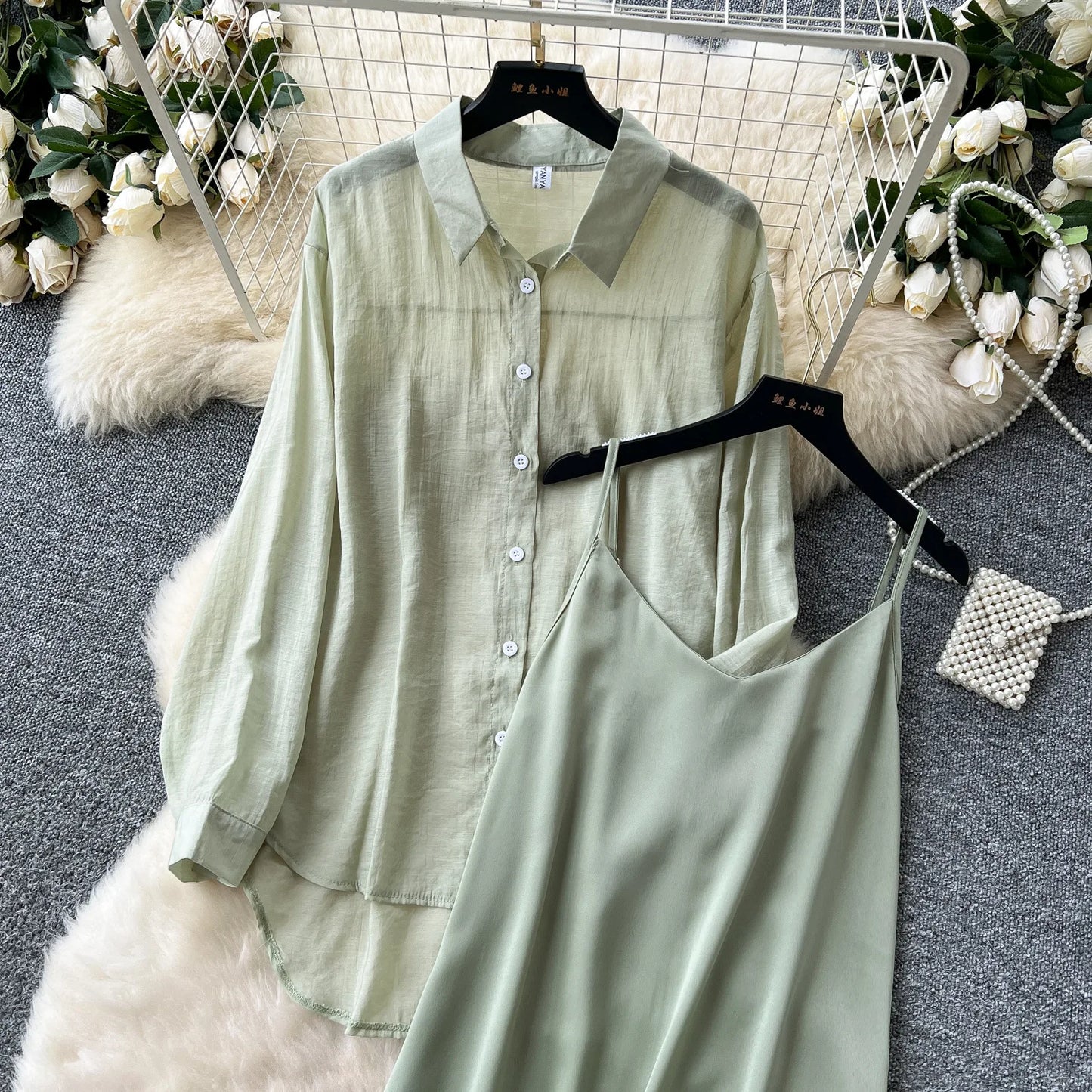 Elegant Long Sleeve Turn Down Collar Solid Color Two Piece Set for Women