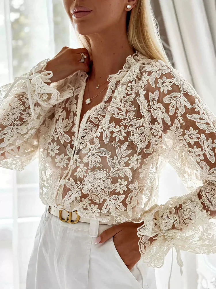Lace Embroidered V Neck Long Sleeve Blouse for Women