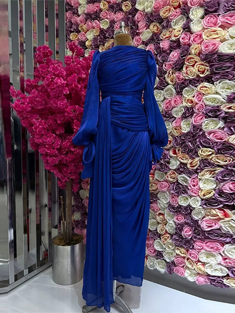 Lantern Sleeve Pleated Maxi With Lace Up O Neck Dress for Women