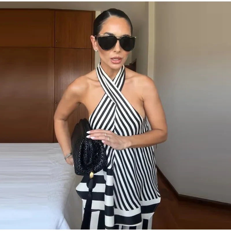 Striped Criss Cross Halter Two Piece Wide Leg Pants Set For Women