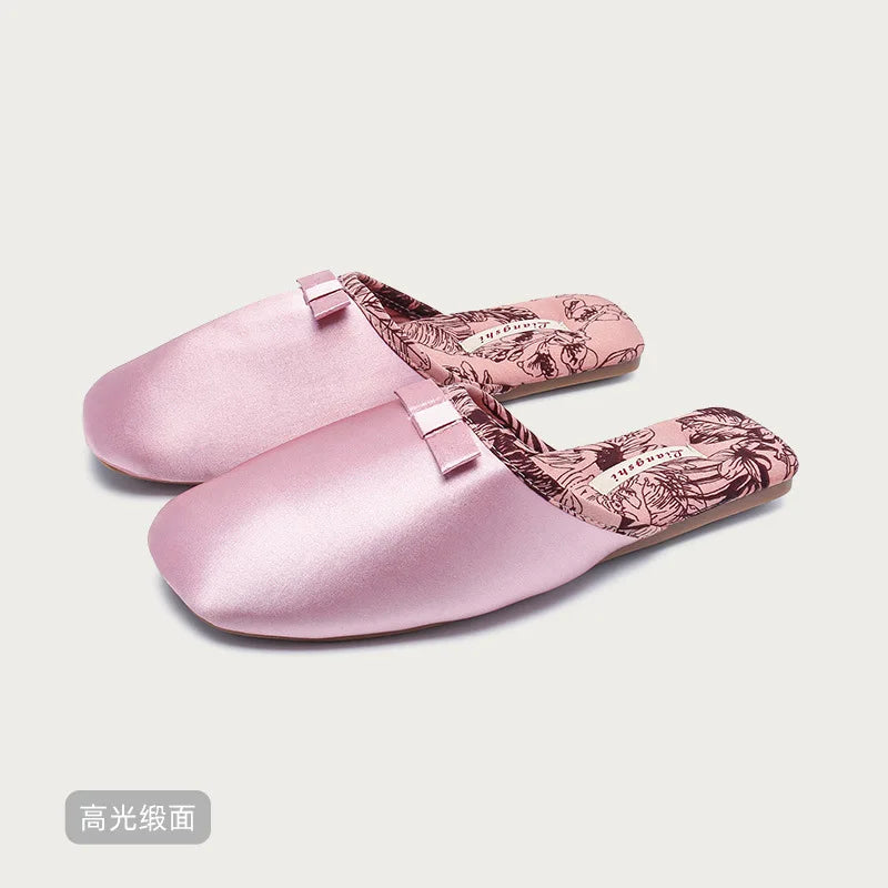 Elegant Silk Print Butterfly Knot Flat Slippers for Women
