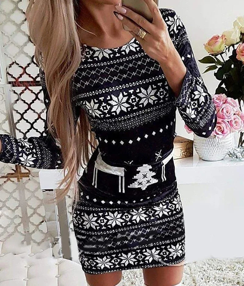 Christmas Dresses Women and Fall New Long Sleeved Printed Short Dress Fashionable Versatile Base Skirt for Female 2024 Summer