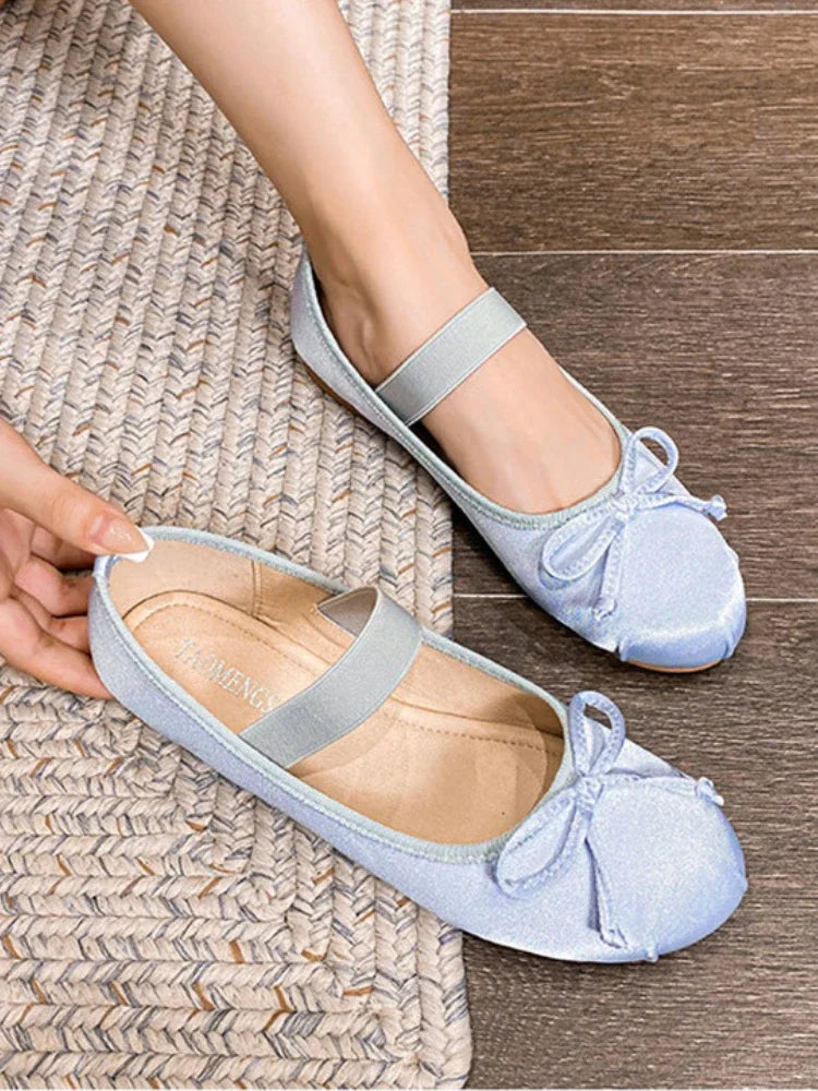 Round Toe Bow Satin Mary Jane Ballet Flats for Women