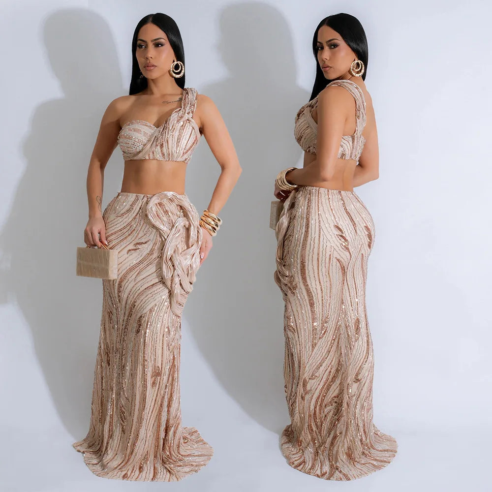 CM.YAYA Women’s Dress Set Mesh Sequined Ribbon Sleeveless Strap Top + Long Skirts Sets 2 Two Pcs Sets Sexy Party Evening Oufits