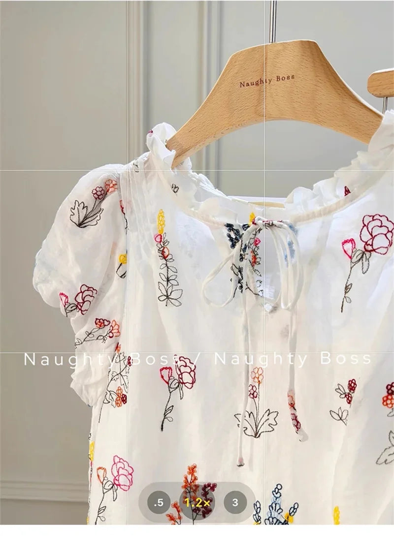 Floral Print Puff Sleeve Blouse and Patchwork Midi Skirt Two Piece Set for Women