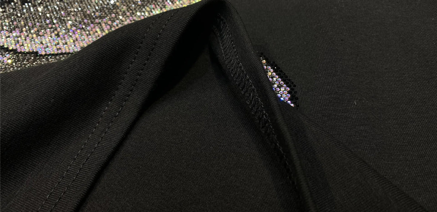 Loose Inner Wear Black T-shirt Women Spring Autumn Rhinestone Long-Sleeved Shirt Thickened Brushed Cotton Bottoming Top Female