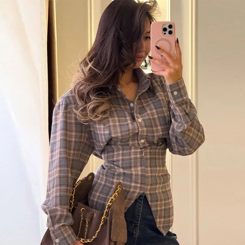 Long Sleeve Plaid Button-Up Shirt Jacket for Women