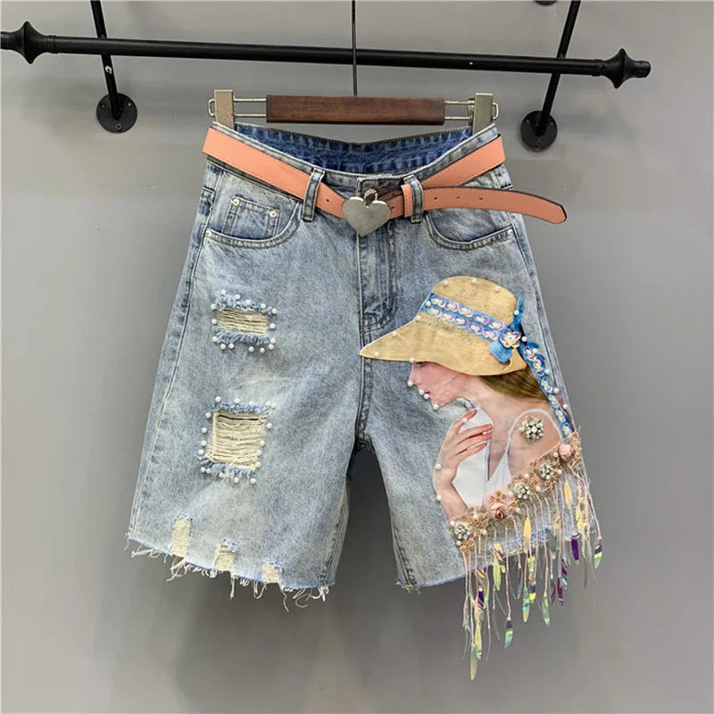 Tassel Bead Embellished Denim Shorts