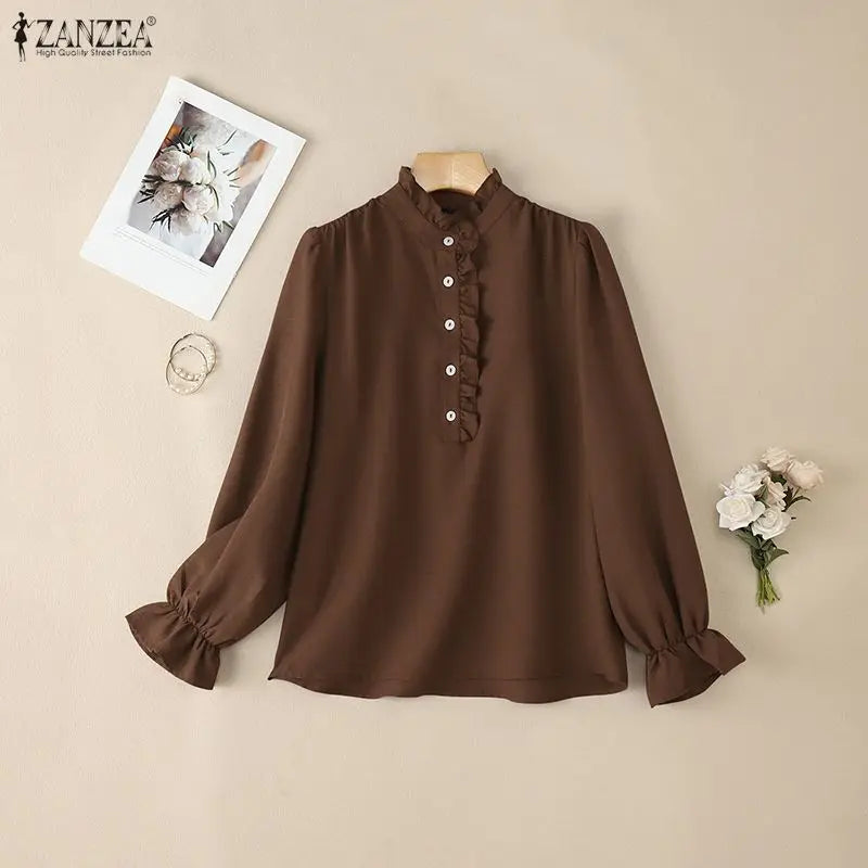 Elegant Ruffled Trim Long Sleeve Blouse for Women