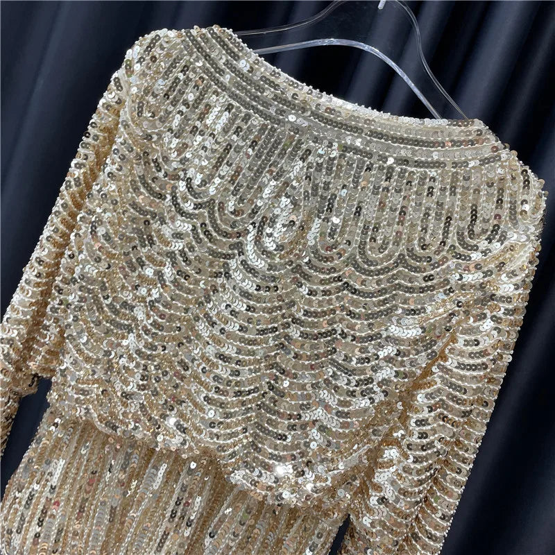Ladies New Heavy Handmade Bling Beaded Sequins Batwing Sleeve Top Slimming Oversized Blouse Elegant Nightclub Pullover Shirts
