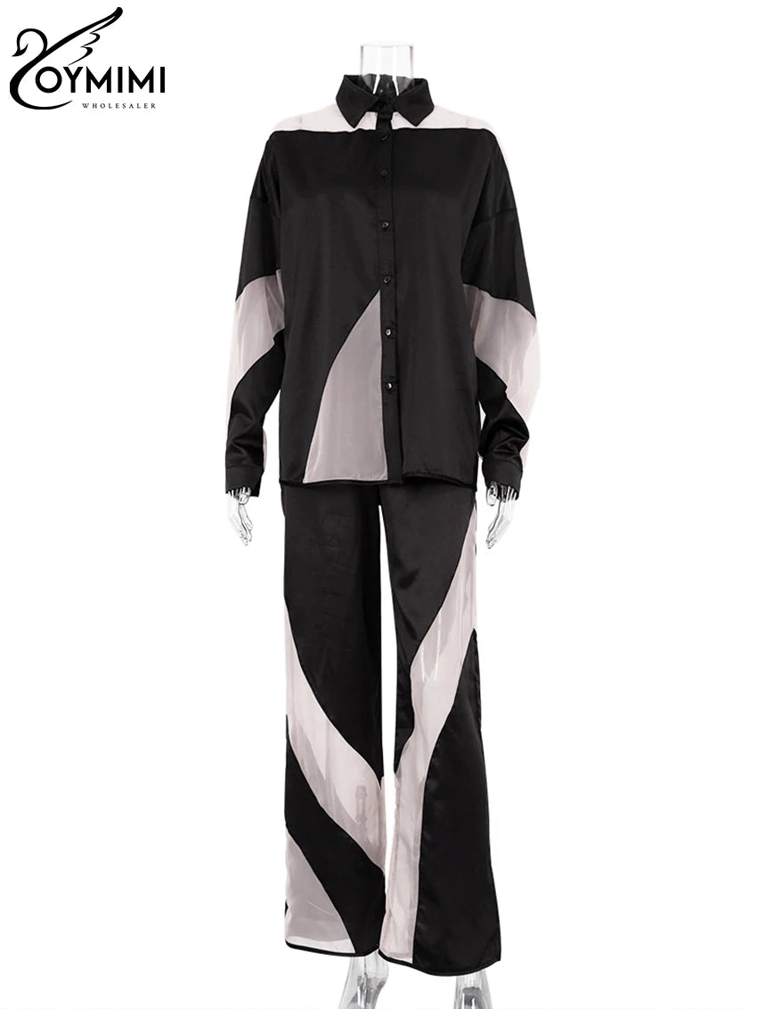Oymimi Fashion Black Satin Patchwork 2 Piece Set Women Outfit Streetwear Long Sleeve Shirt With High Waist Pant Sets Y2k Clothes