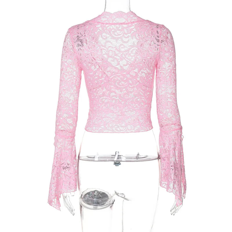 Aesthetic Lace Top Women Sexy Clothing See Through Deep V Neck Flared Long Sleeve T Shirts Party Clothes Clubwear