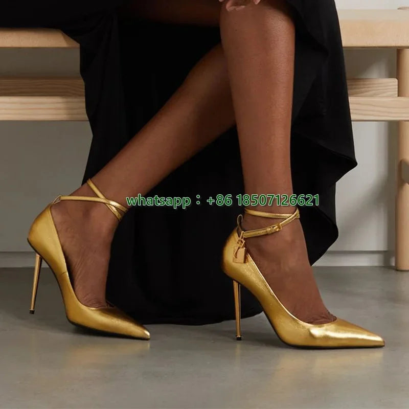 Gold Ankle Buckle Pointed Toe Chain Pumps for Women