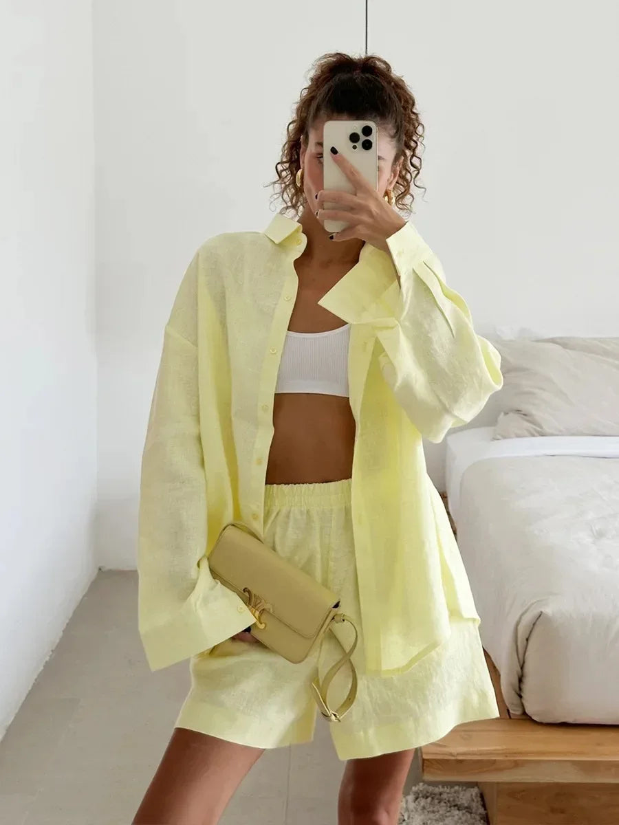 Casual Cotton Shirt and Elastic Waist Pants Set for Women