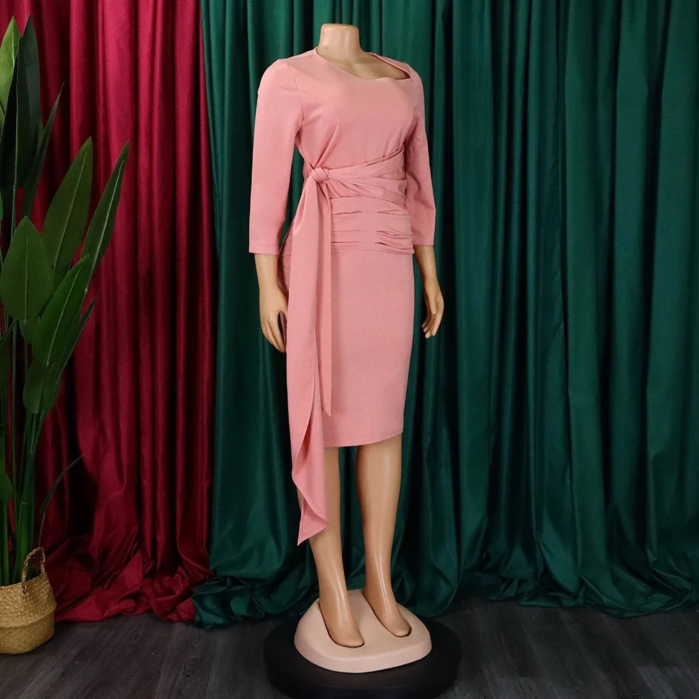 Office Dresses for Woman 2024 New Skew Collar Full Sleeve Sashes Sheath Package Hips Mid Calf Professional Business Work Dress