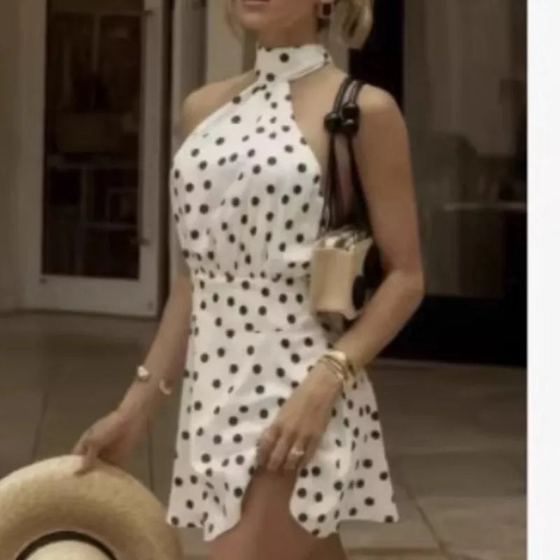 Elegant Halter Polka Dot Backless Mini Dress for Women