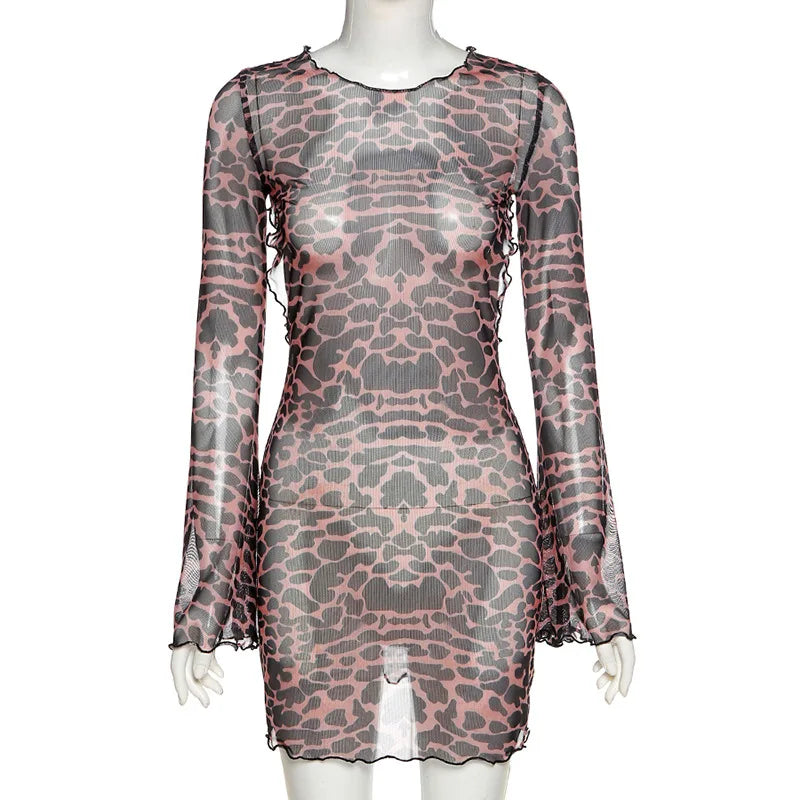 Leopard Print Backless Sheer Mesh Bodycon Dress for Women