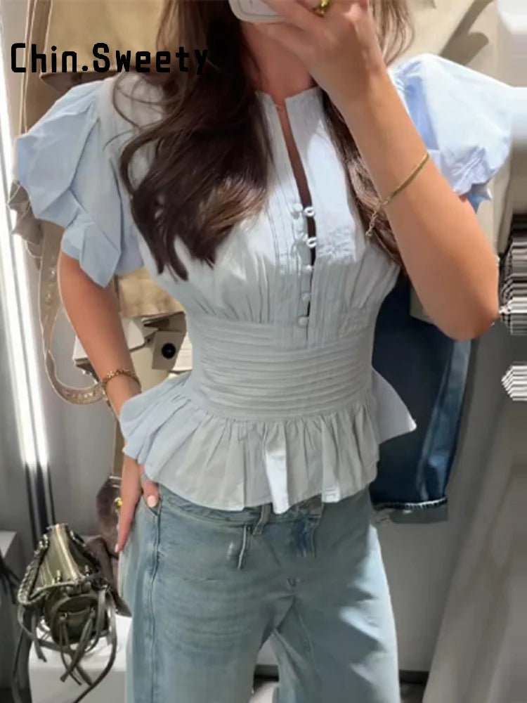 Elegant Puff Sleeve Cinched Waist Solid Color Blouse for Women