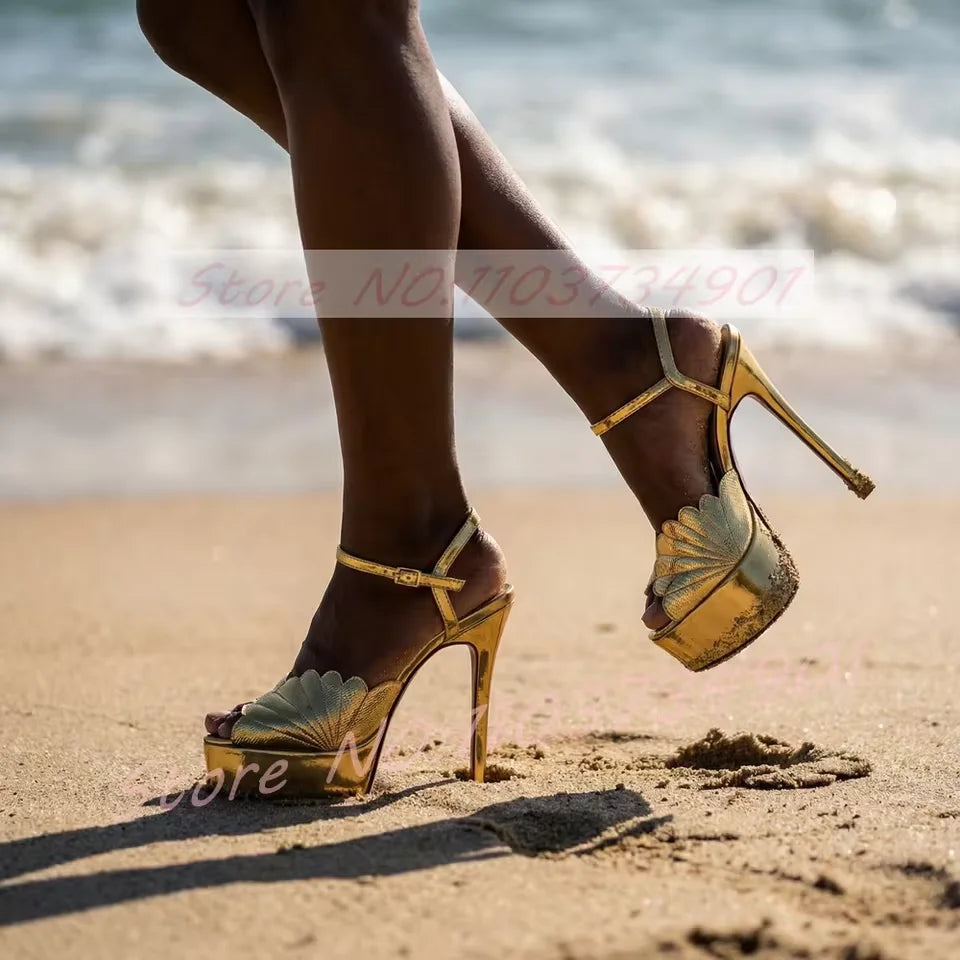 Metallic Scalloped Platform Sandals With Thin Heel For Women