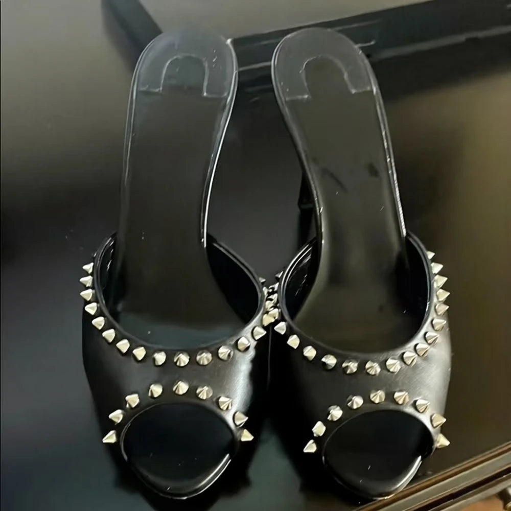 Black Studded Leather Slingback Sandals