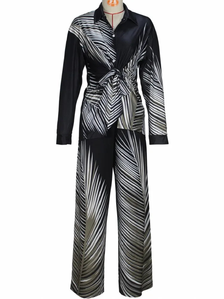Striped Blouse And Pants Two Piece Outfit Set for Women