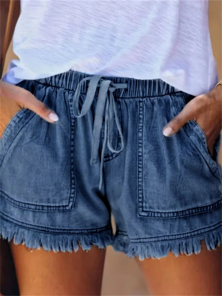Drawstring Elastic Waist Denim Shorts With Frayed Hem and Pockets for Women