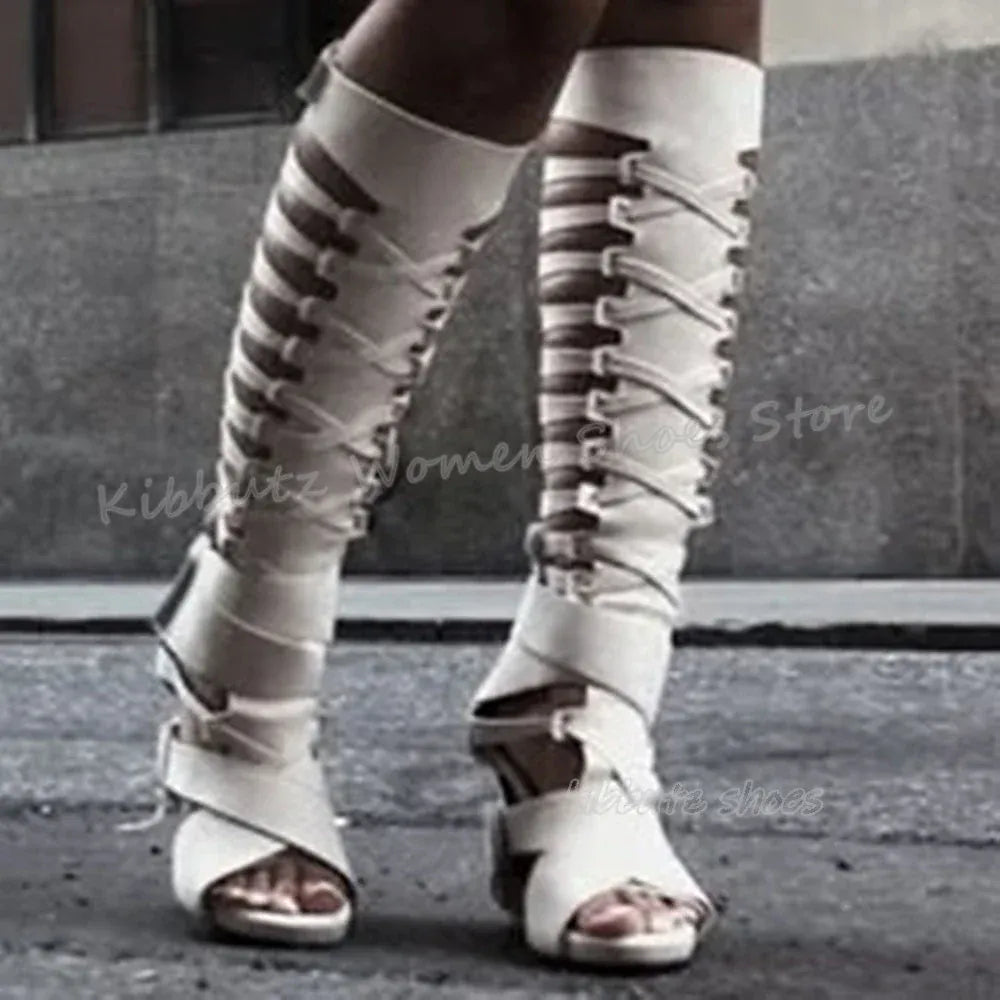 Cross Strap Suede Knee High Boots