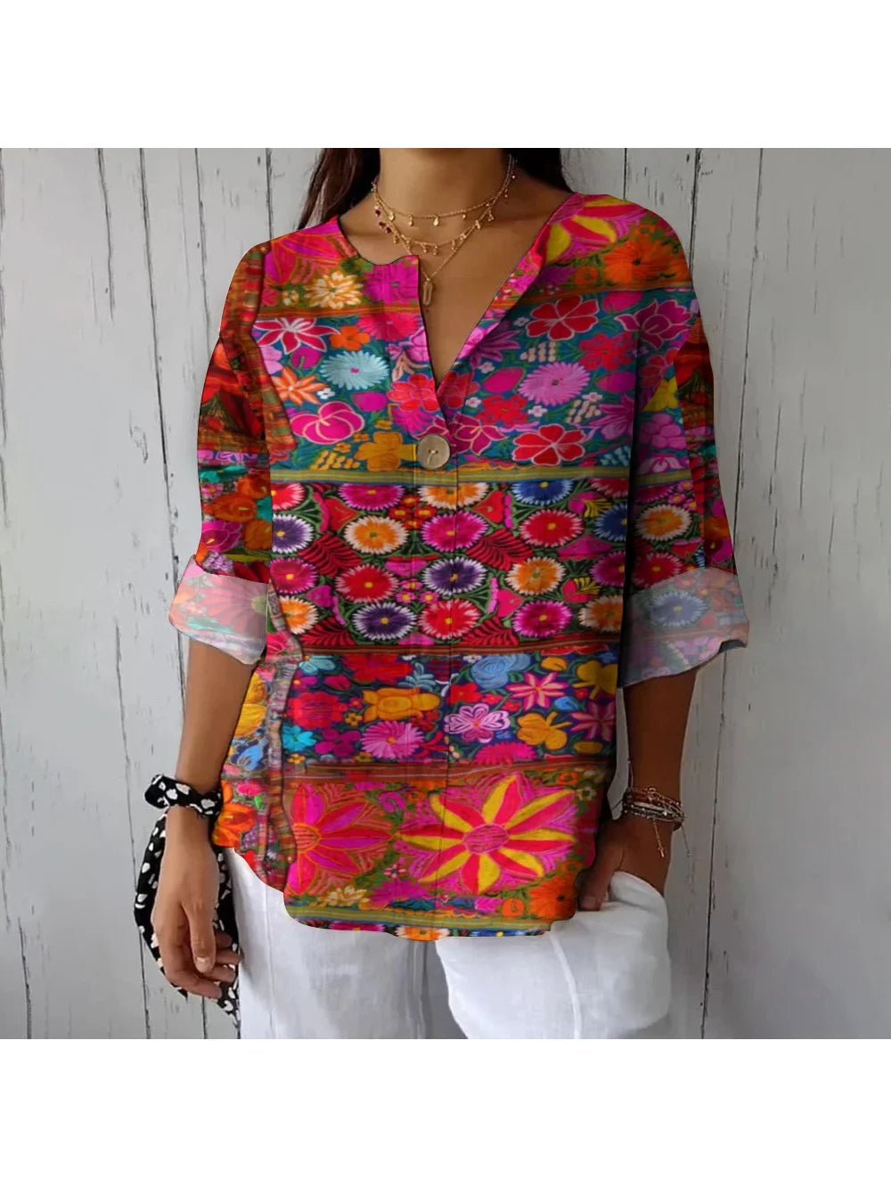 Women's Casual V-Neck Shirt Ethnic Style Color Fashion Beach Dress New High Quality Soft Jumper Summer Chic Top