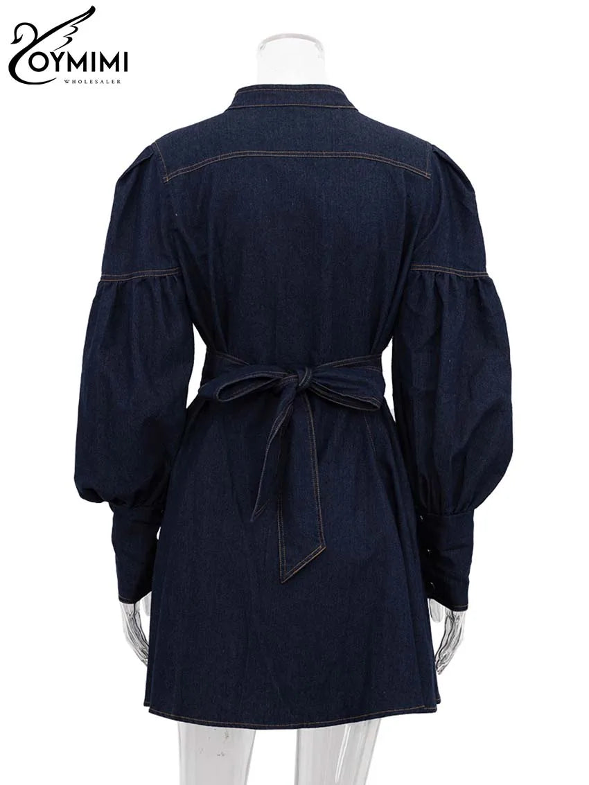 Oymimi Elegant Blue Denim Womens Dresses Fashion O-Neck Long Sleeve High Waisted Dresses Casual Button Mini Dress Streetwear