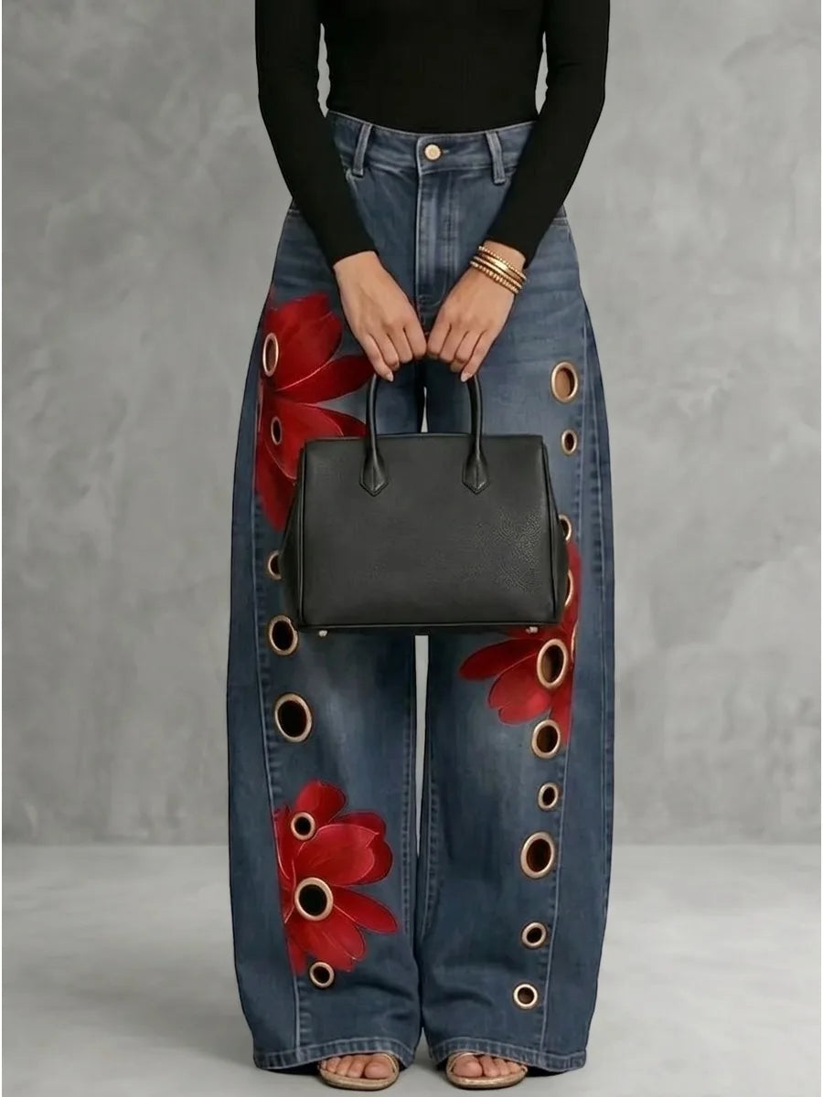 Bonboho Women High Waist Flower Print Wide Leg Floor Length Jeans 2026 Vintage Blue Denim Palazzo Jeans with Metal Eyelet Cutout