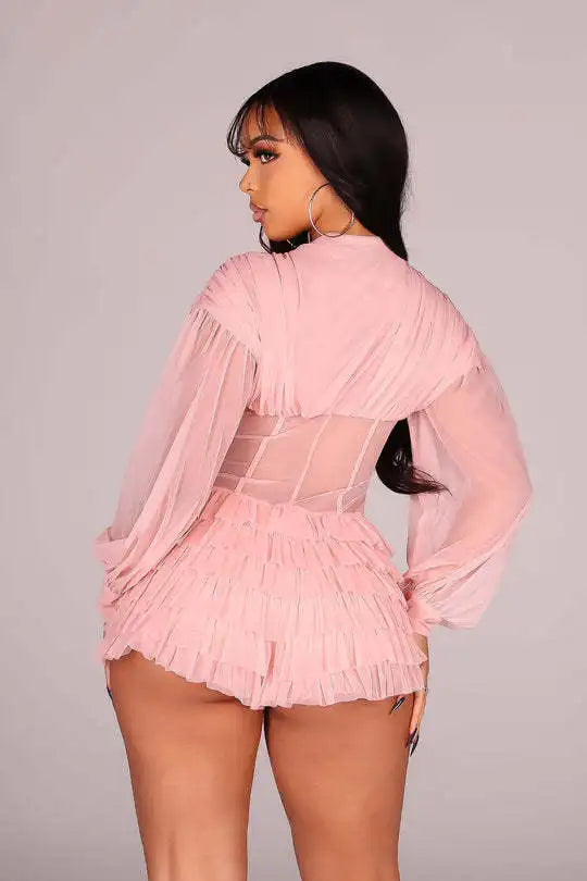 Mesh Ruched Patchwork See Through Long Sleeve Bodycon Rompers for Women