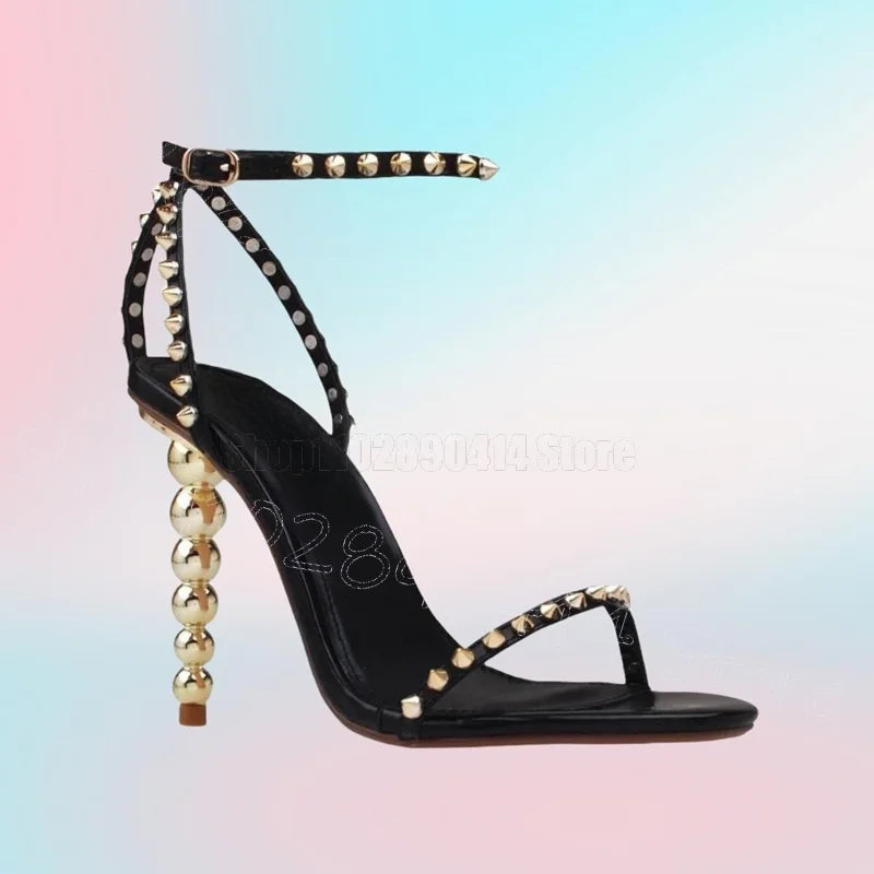 Rose Red Spiked Buckle Strap Heel Sandals for Women