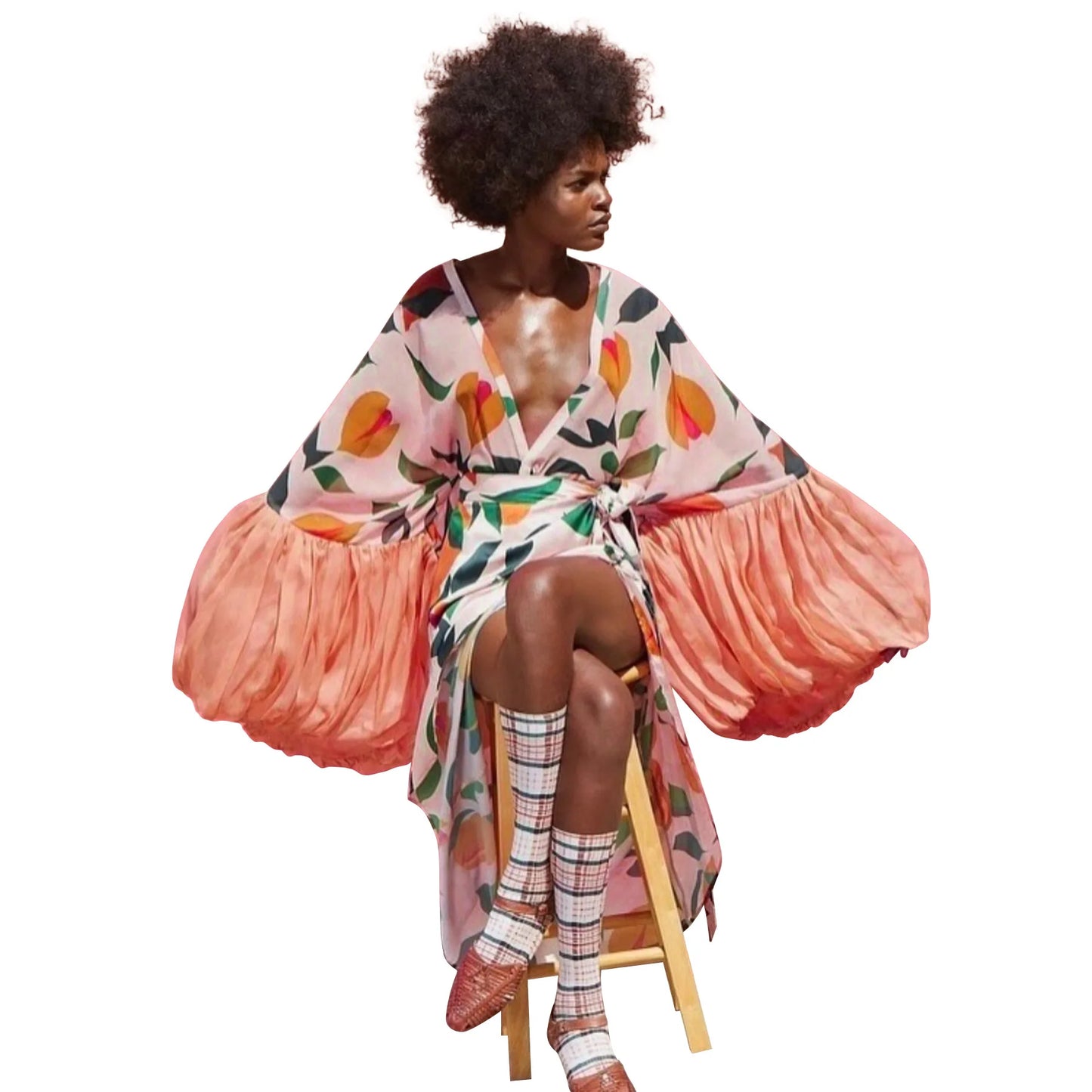 Vintage Floral Printed Chiffon Long Cardigan With Ruffle Sleeves for Women