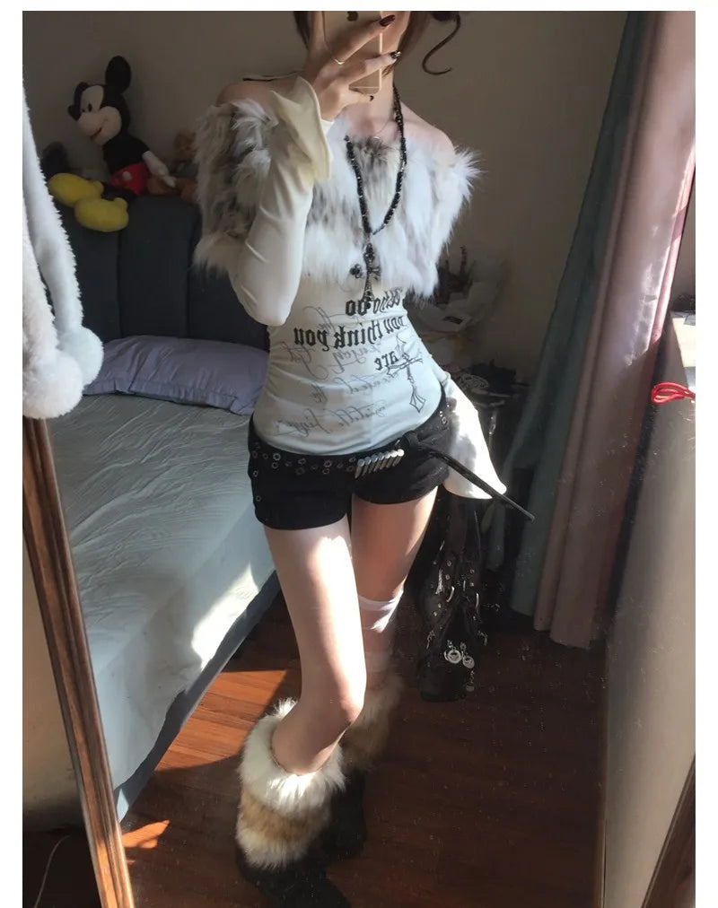 Karrram Japanese Y2k Fur Collar Tops 2000s Aesthetics Off Shoulder Knit Tops Vintage Harajuku Letter Print Long Sleeve T-shirt