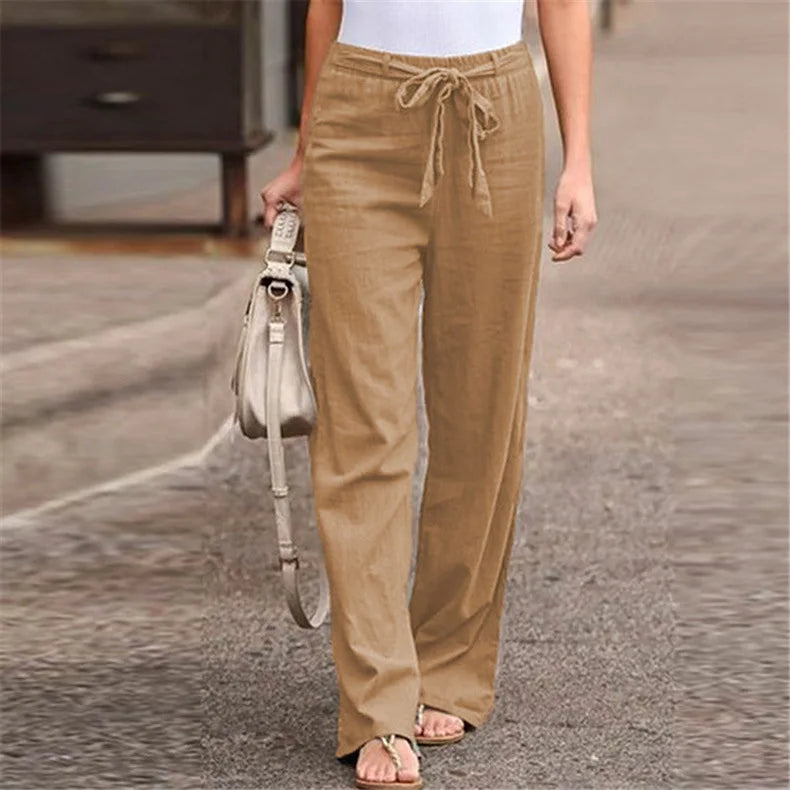 Linen Cotton Elastic Waist Ankle Length Pants for Women
